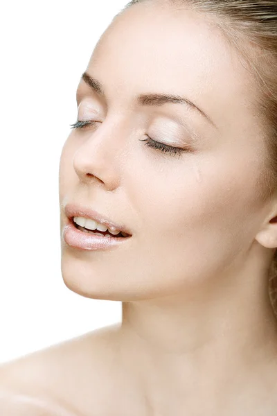 Portrait of beautiful young woman with drops of water — Stock Photo, Image