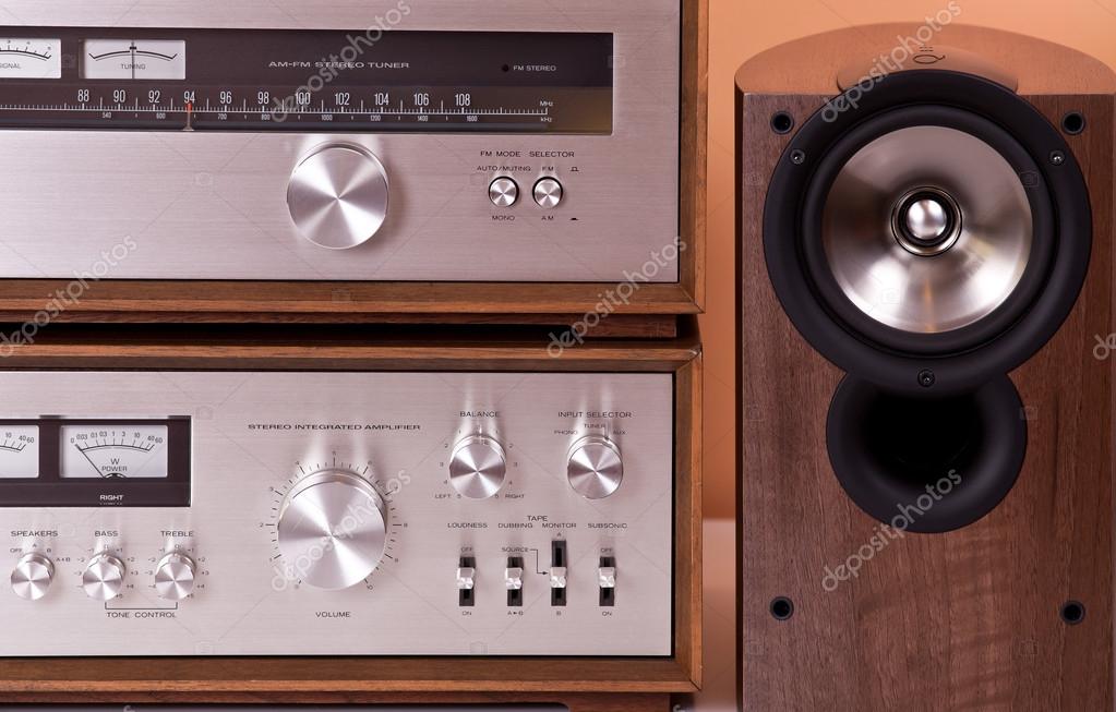 Vintage Hi Fi Stereo Amplifier Tuner And Speakers In Wooden Cabi