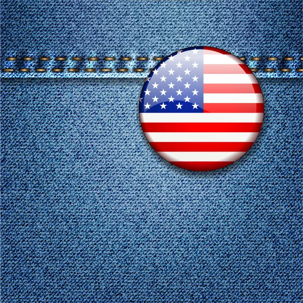 Denim kumaş dokusu üzerinde parlak renkli ABD bayrağı rozeti — Stok Vektör
