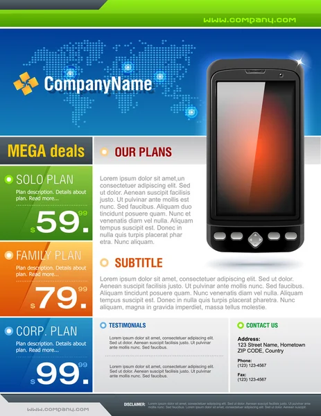 Mobile Cell Smart Phone Telecom Provider Flyer vecteur — Image vectorielle