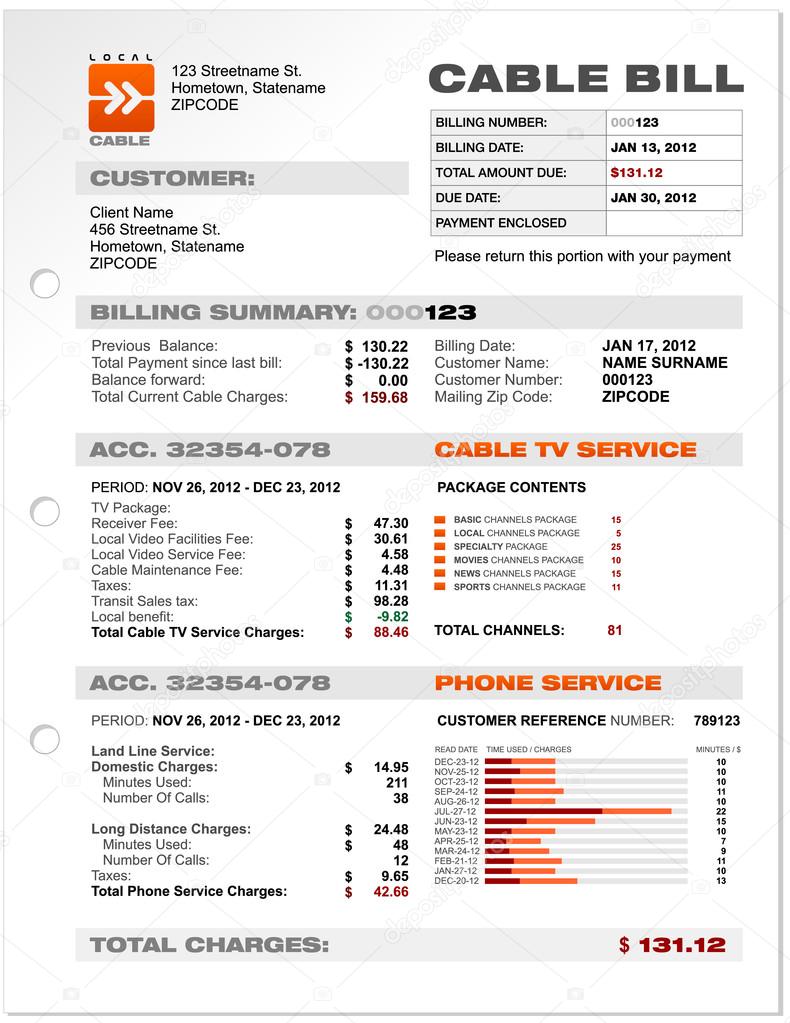 Cable Service Phone Bill Document Sample Template Vector