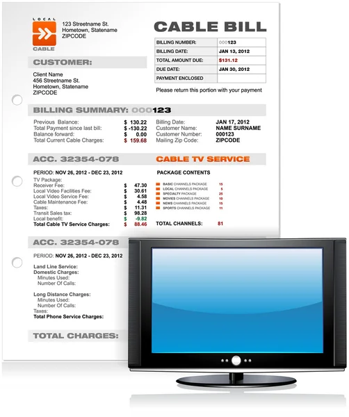 Factura de servicio de TV por cable con plasma plano led LCD TV Vector — Archivo Imágenes Vectoriales