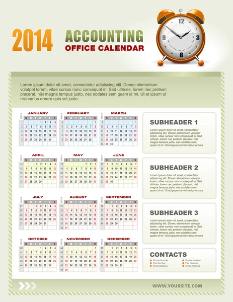 Календарь бухгалтерского учета на 2014 год с вектором номера недели — стоковый вектор
