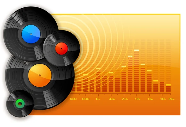Discos de vinilo DJ en el fondo del analizador gráfico de espectro — Foto de Stock