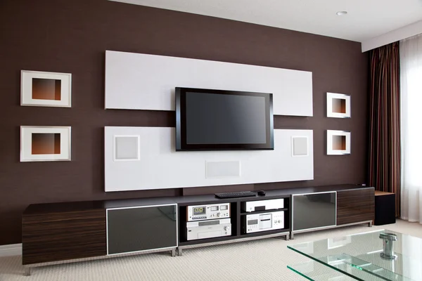 Moderno Home Theater Camera Interno con TV a schermo piatto — Foto Stock