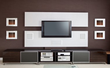 modern ev sinema odası iç düz ekran tv
