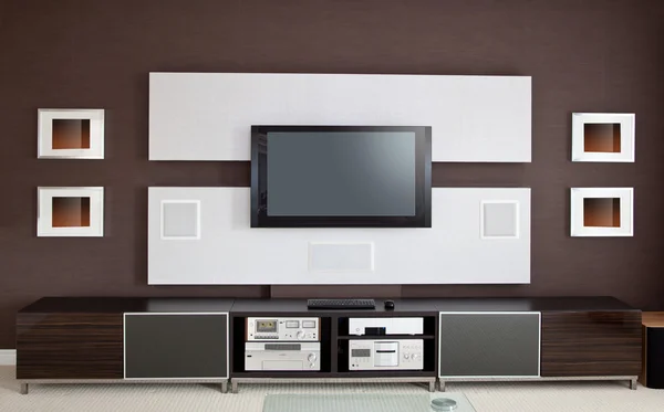 Moderno Home Theater Camera Interno con TV a schermo piatto — Foto Stock