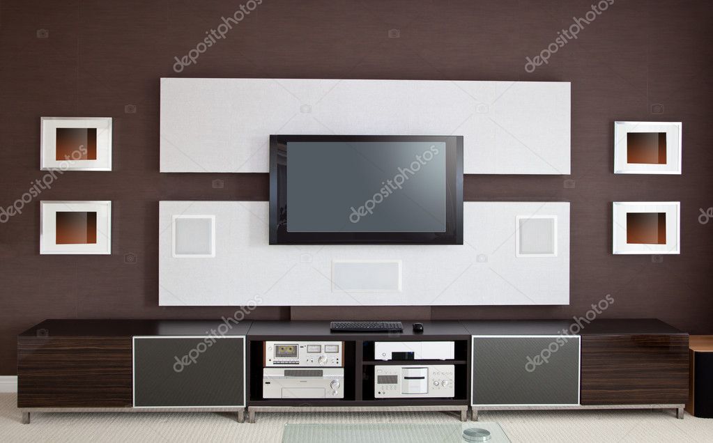 Moderna hemmabio rum inredning med platt skärm tv — stockfotografi ...