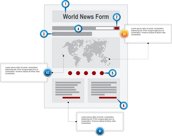 World News Internet Web Page Prototipo di struttura wireframe con — Vettoriale Stock