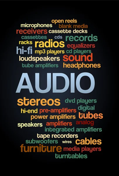 Audio Stereo Word Cloud Albero dei tag Bubble Vettore di testo — Vettoriale Stock