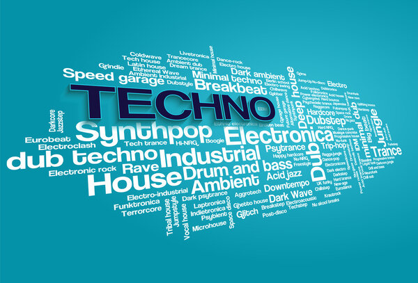 Electronic Techno Music Styles Word Cloud Bubble Tag Tree vector