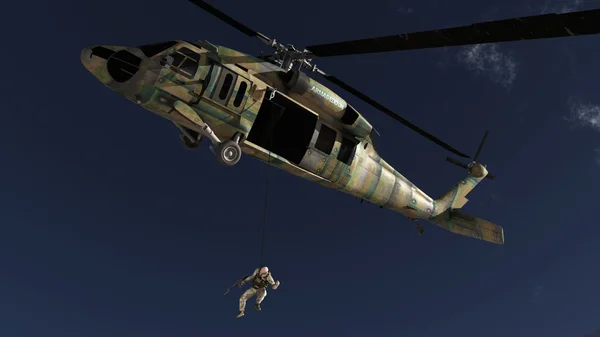 The soldier and the helicopter — Stock Photo, Image