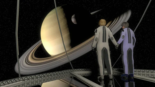 Asztronauták Képe Saturn Illusztráció Hátterében Jogdíjmentes Stock Fotók