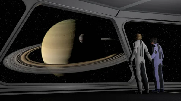 Imagen Los Astronautas Fondo Saturno Ilustración Imagen De Stock