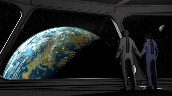 Astronotların Dünya Gerçekliğinin Arka Planındaki Görüntüsü Boyutlu Illüstrasyon Stok Fotoğraf