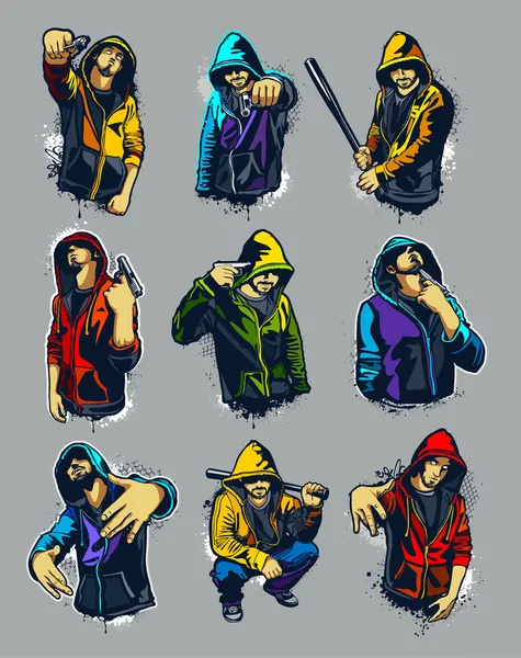 Conjunto vectorial de gangsters con capucha — Vector de stock