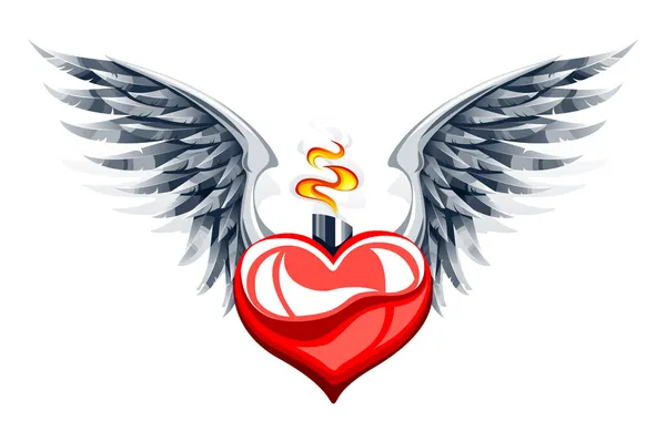 Corazón ardiente con alas  . — Vector de stock