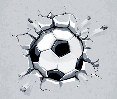 Futbol topu ve eski duvar hasarı alçı. vektör çizim