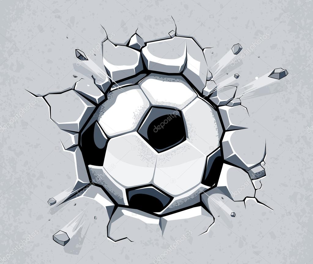 Soccer ball and Old Plaster wall damage. Vector illustration