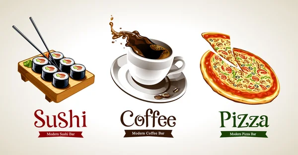 Sushi, coffee and pizza isolated on white — Stock Vector