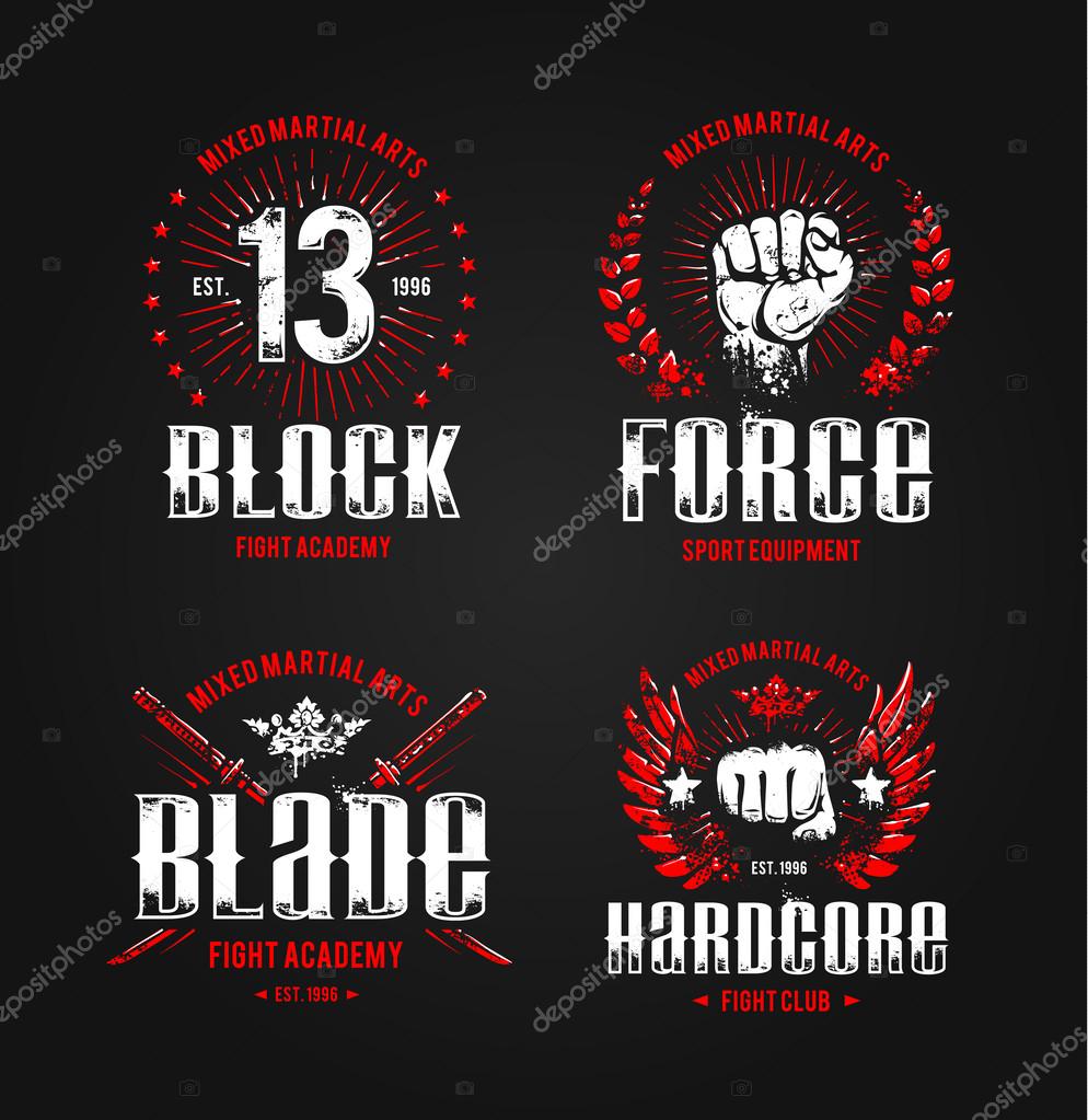 Grunge fighting prints. Martial arts badges. Vector illustration.