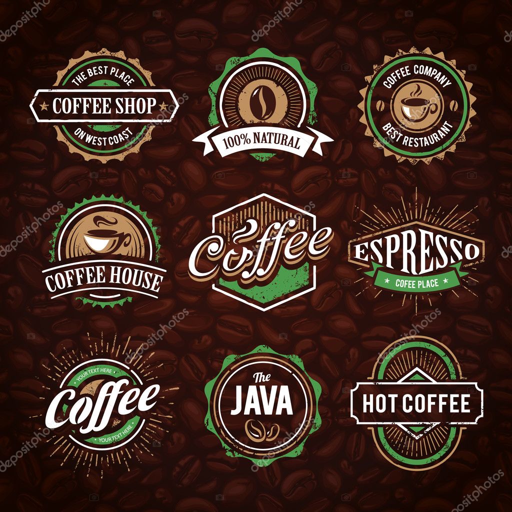 Retro styled coffee emblems vector set on coffee seamless background.