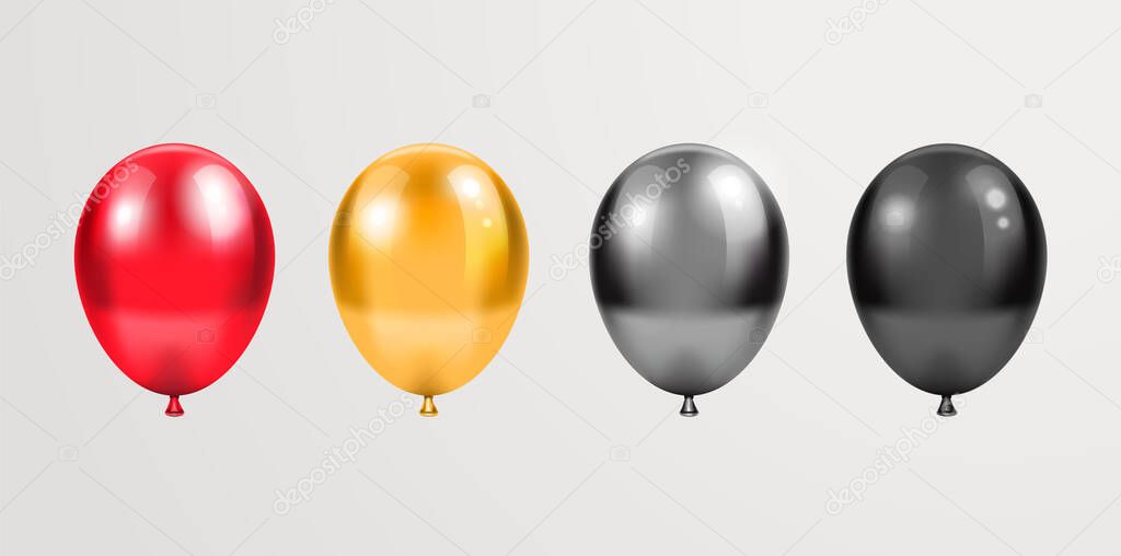 Four vibrant glossy realistic decorative balloons. Red, gold, silver and black balloons on soft light background. Vector EPS10 graphics.