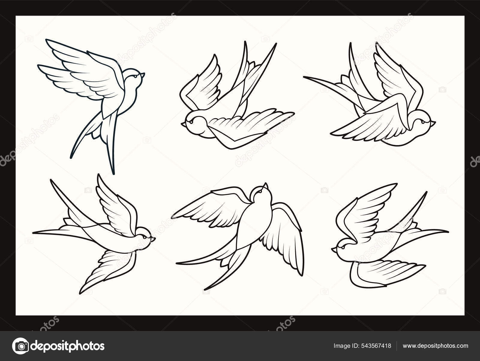 Tatuagem Old School Engolir Pássaros Set Linha Arte Estilo Pássaros Vetor  de stock de ©Vecster 543567418, image size:1600x1202