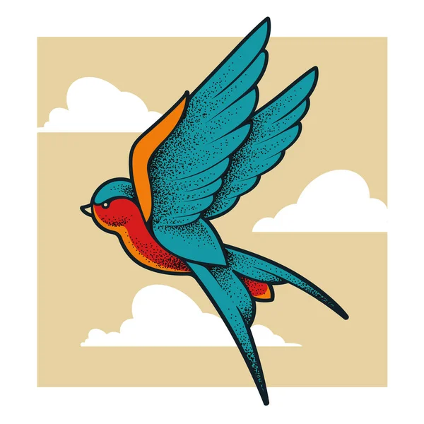 Tatuaggio Vecchia Scuola Ingoiare Uccello Che Vola Nelle Nuvole Arte — Vettoriale Stock