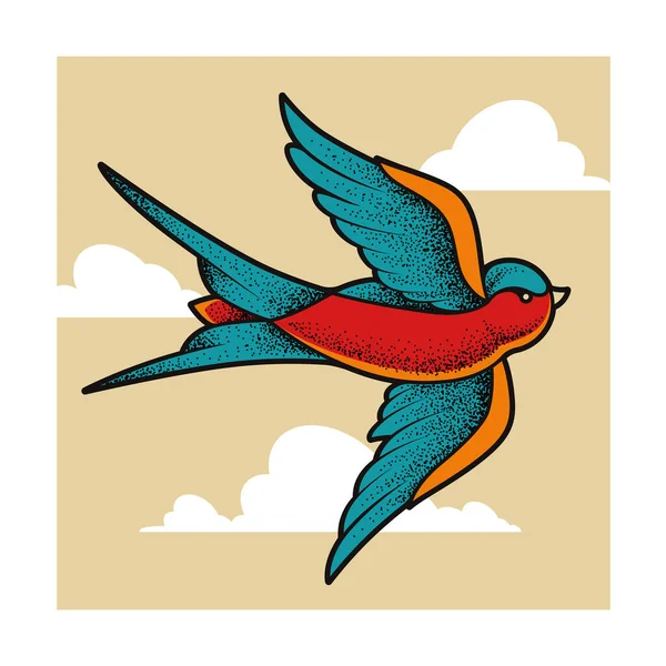 Eski Moda Dövme Bulutlarda Uçan Bir Kuş Yutar Nokta Çalışma — Stok Vektör