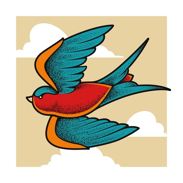Viejo Escuela Tatuaje Tragar Pájaro Volando Las Nubes Arte Vectorial — Archivo Imágenes Vectoriales