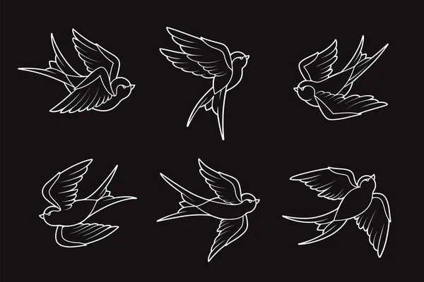 Tatuaggio Vecchia Scuola Ingoiare Uccelli Set Linea Stile Arte Vettoriale — Vettoriale Stock
