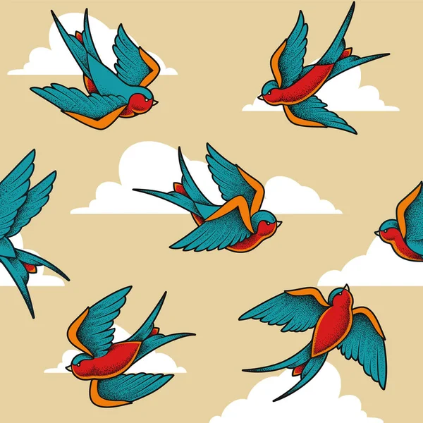 Patrón Sin Costuras Con Aves Golondrinas Volando Cielo Vector Gráfico — Vector de stock