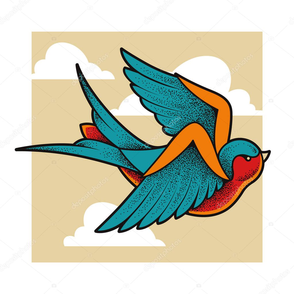 Old school tattoo swallow bird flying in clouds. Dotwork style vector art.