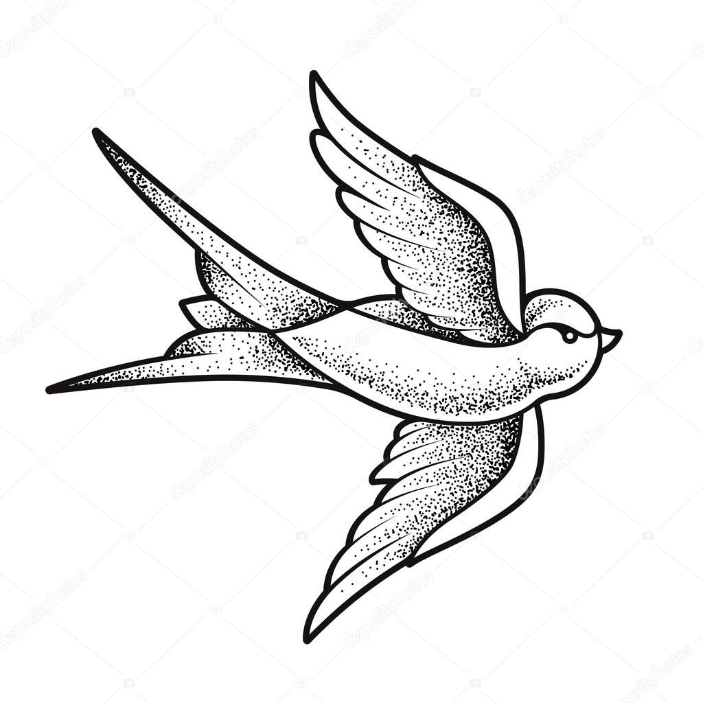 Old school tattoo swallow bird isolated on white. Dotwork style vector art.