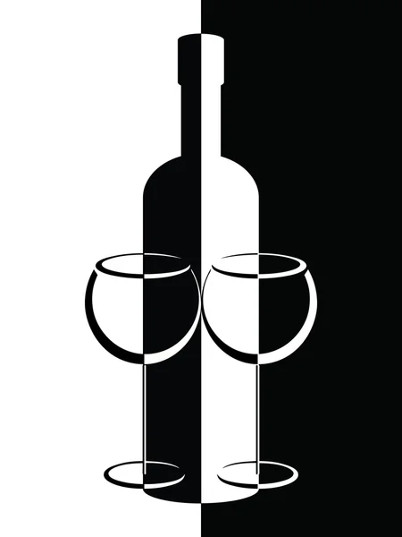 Cartel blanco y negro con botella y gafas de vino — Vector de stock