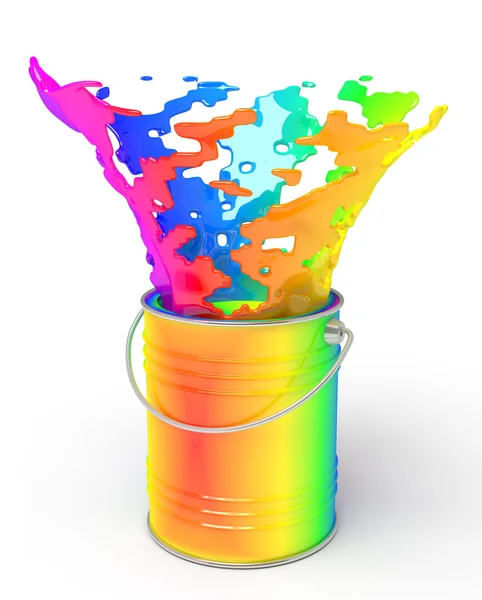 Rainbow paint splashing out of can — Stock Photo, Image