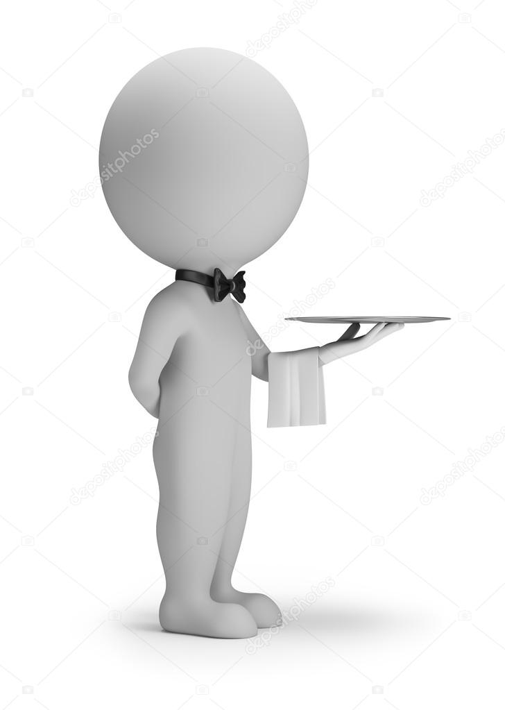 3d small people - waiter with tray