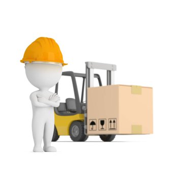 Forklift arka planında 3 boyutlu küçük bir işçi. Alanın derinliği. 3 boyutlu görüntü. Beyaz arkaplan.