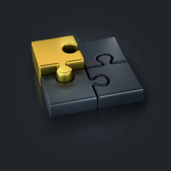 Gouden Puzzel Valt Tussen Grijze Puzzels Beeld Donkere Achtergrond — Stockfoto