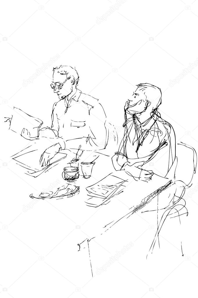 Sketch of two young men is in an office
