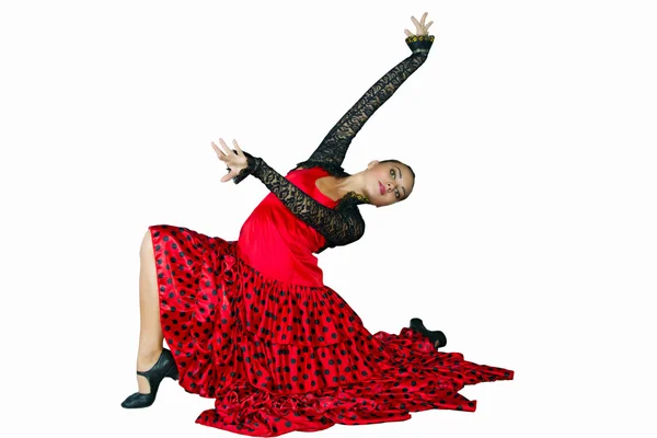 Young dancer dances in a red dress — Stock Photo, Image