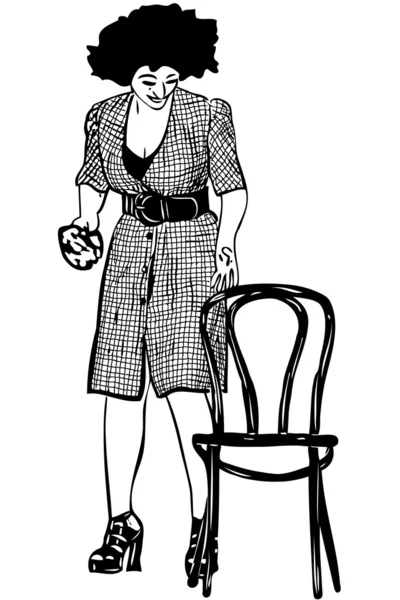 Un boceto un limpiador sostiene el trapo con una silla — Vector de stock