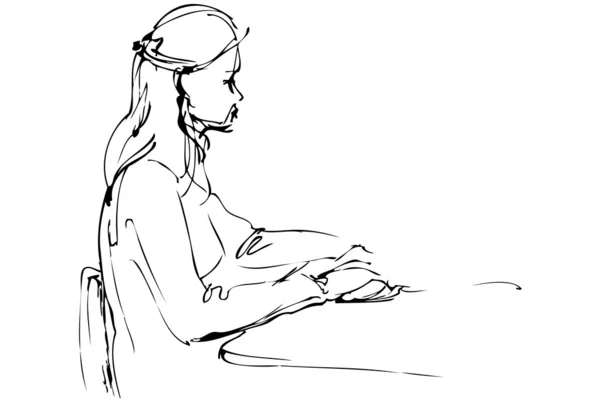 Ескіз красива дівчина за столом — стоковий вектор