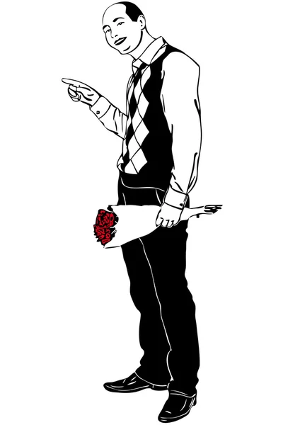 Croquis d'un homme avec un bouquet de roses rouges — Image vectorielle