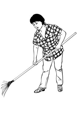 Sketch of woman of farmer with rakes in hands clipart
