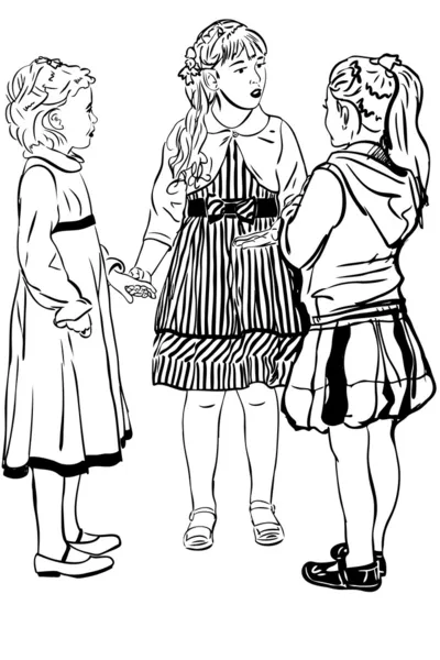 Schets drie-vriendinnen van meisje spreken in jurken — Stockvector