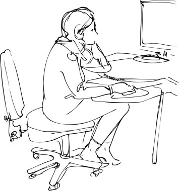 Bir kızın robot resmini çiz, oturur ve bilgisayarın başında çalışır.