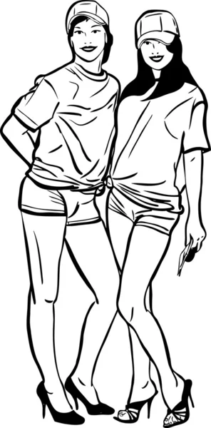 Skizze von zwei schönen schlanken jungen Mädchen — Stockvektor