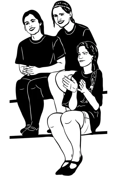 Boceto tres niñas sentarse en una sonrisa tribuna — Vector de stock